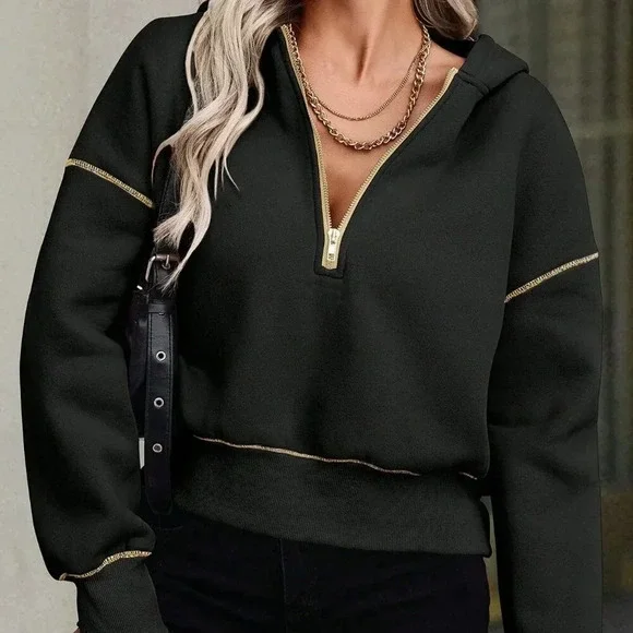 Black Casual Women's Zip-Up Dropped Shoulder Long Sleeve Cropped Sweatshirt - Picture 4 of 6